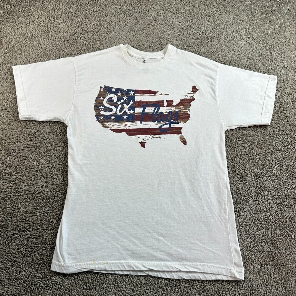 Six Flags Shirt Mens Large White USA Flag Stars Stripes American Short Sleeve